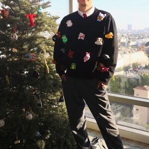 Black Crewneck Sweater with Colorful Pom-Poms